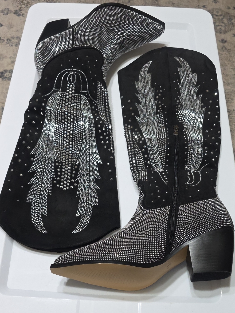 Black Rhinestone Embellished Mid-Calf Heeled Boots